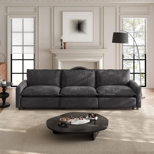 Power Recliner Couch, 116 in. Square Arm 3-Piece Linen Modular Motion Sectional Sofa with Heating, USB Ports in. Gray