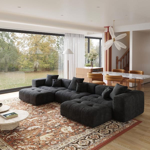 144.1 in. Square Arm Oversized Linen 5-Piece Modular Free Combination Sectional Sofa w/ Soft Cushion, Ottoman in. Black
