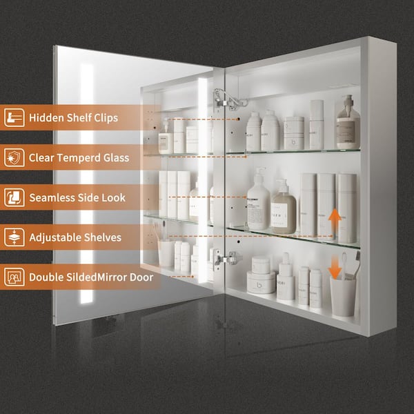 GroGro Glare 20 in. W x 26 in. H Rectangular Aluminum Recessed/Surface Mount Left Open Medicine Cabinet with Mirror LED