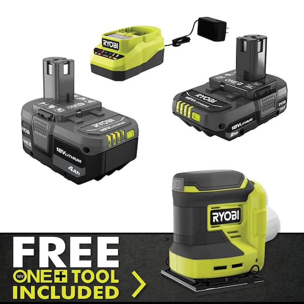 RYOBI ONE+ 18V Lithium-Ion 4.0 Ah Battery, 2.0 Ah Battery, and Charger Kit with FREE ONE+ Cordless 1/4 Sheet Sander