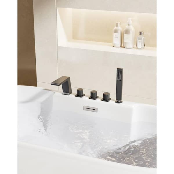YAWWALK 3-Handle Tub-Mount Roman Tub Faucet with Anti-fingerprint Handheld Shower in Matte Black (Valve Included)