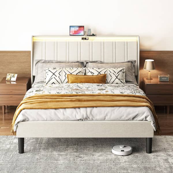 Beige Metal Frame Queen Size Platform Bed with Upholstered Headboard and Wood Slats