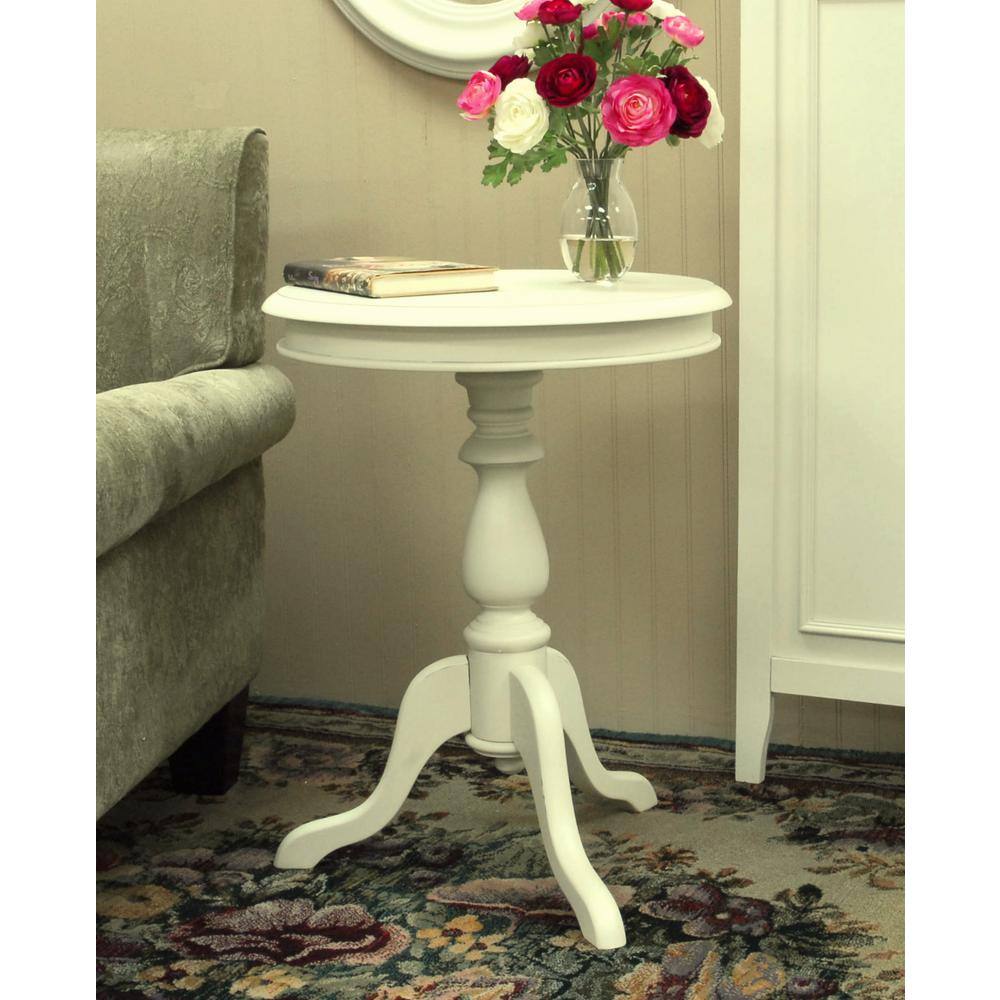 Antique Ivory Round Wood Side Table with Turned Pedestal