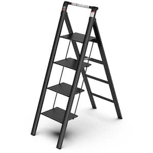 4-Step Retractable Handgrip Folding Aluminum Step Stool Ladder with Anti-Slip Wide Pedal, 300 lbs. Household Ladder