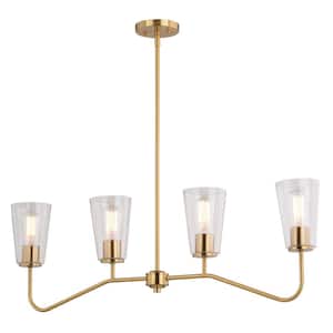 Beverly 4-Light Gold Brass Linear Chandelier Island Pendant Fixture Clear Glass Shade, LED Compatible