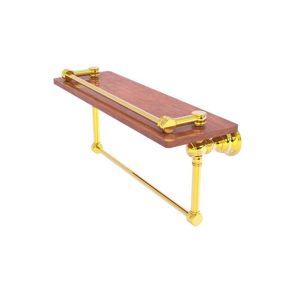Carolina Collection W16 in. x H7.4 in. x D5.54 in. Brass Rectangular Gallery Wood Shelf with Towel Bar in Polished Brass