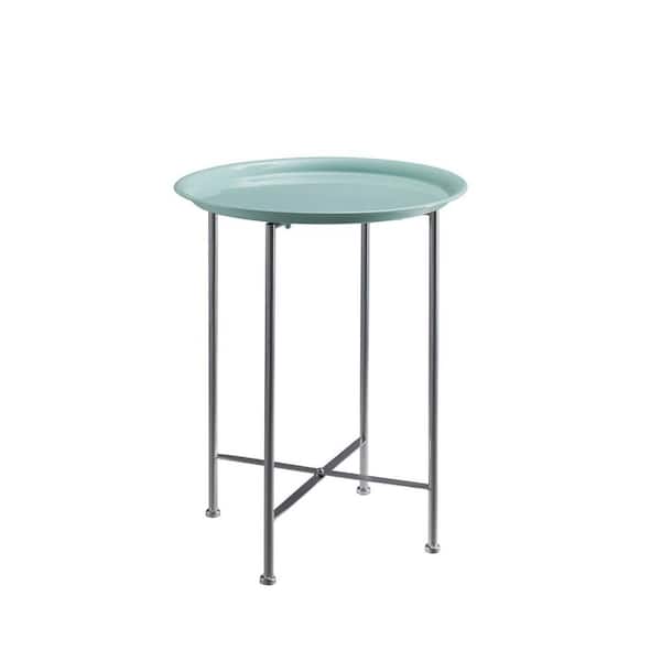 Unbranded Contemporary 16 in. W x 20.75 in. H Seafoam Green and SilverRound Metal End Table