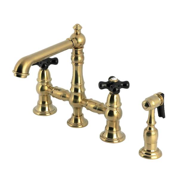 Duchess 2-Handle Deck Mount Bridge Kitchen Faucet with Brass Sprayer in Brushed Brass