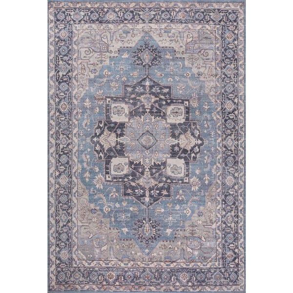 Maris Ornate Medallion Machine-Washable Blue/Cream 3 ft. x 5 ft. Area Rug