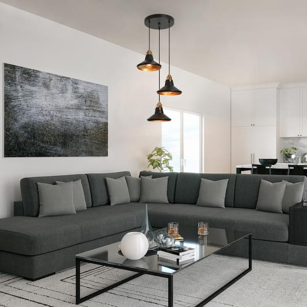 Tencanonia Industrial 3-light Black and Brass Chandelier, Modern Living Room Pendant Light with Metal Barn Shade