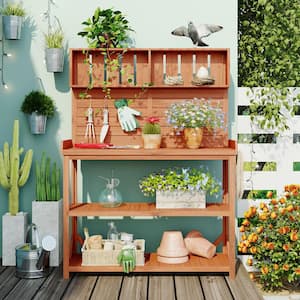 65 in. Large Outdoor Fir Wooden Natural Garden Potting Workbench Trellis with 4 Storage Shelves and Side Hooks
