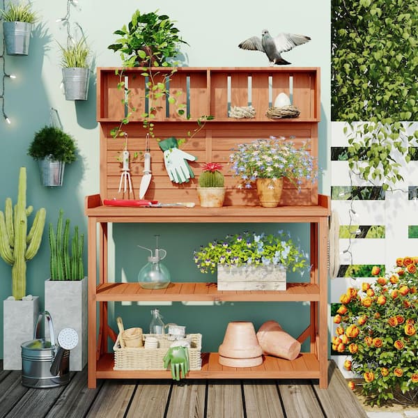 Tunearary 65 in. Large Outdoor Fir Wooden Natural Garden Potting Workbench Trellis with 4 Storage Shelves and Side Hooks
