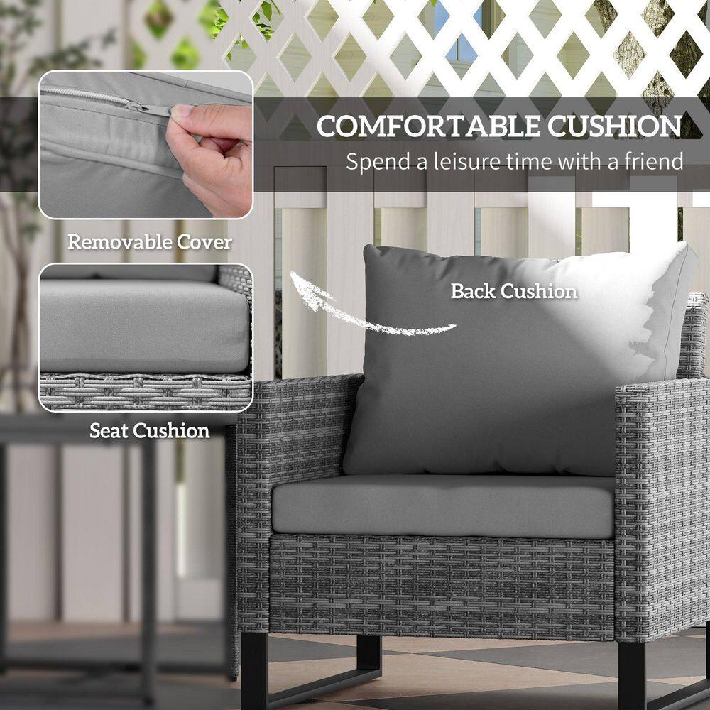Gray Wicker Bistro Set with Cushions and Glass Table