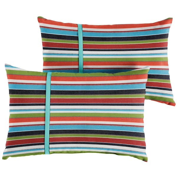 SORRA HOME Sunbrella Colorful Stripe with Aruba Blue Rectangular Outdoor Knife Edge Lumbar Pillows (2-Pack)