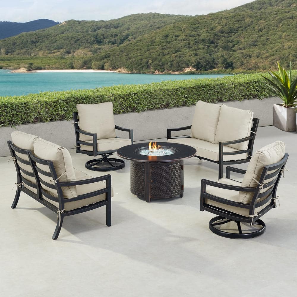 Black 7-Piece Aluminum Patio Fire Pit with 2-Deep Seating Loveseat and 2-Club Chairs Light Grey Cushions price history on PriceWatchPro