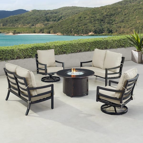 Oakland Living Black 7-Piece Aluminum Patio Fire Pit with 2-Deep Seating Loveseat and 2-Club Chairs Light Grey Cushions