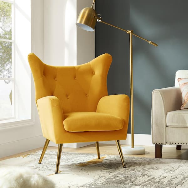 Jacob Mustard Velvet Wingback Chair with Tufted Cushions (Set of 1)