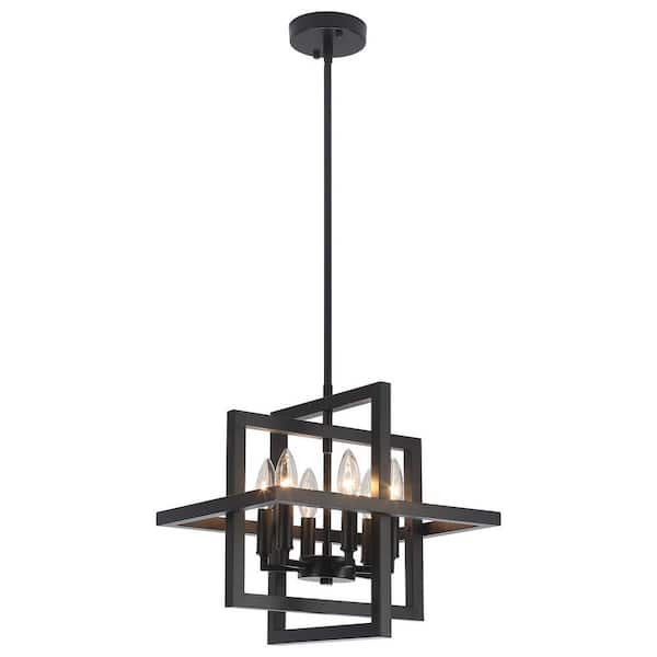 6-Light Black Industrial Chandelier, Adjustable Height Rectangle Chandeliers for Entryway