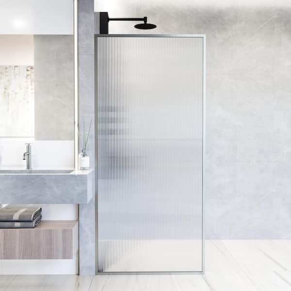 VIGO Meridian 34 in. W x 74 in. H Framed Fixed Shower Screen Door in Stainless Steel with 3/8 in. (10mm) Fluted Glass
