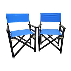 Black Finish Wooden Outdoor Lounge Chair in Blue Color Set of 2 Folding Chair Wooden Director Chair in Blue Canvas