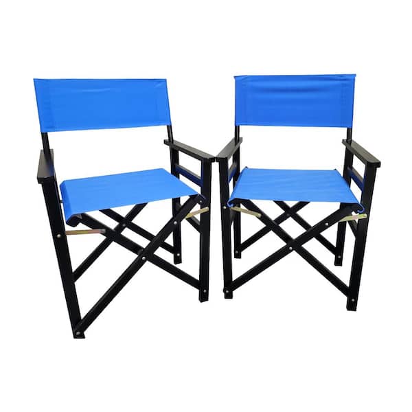 ITOPFOX Black Finish Wooden Outdoor Lounge Chair in Blue Color Set of 2 Folding Chair Wooden Director Chair in Blue Canvas