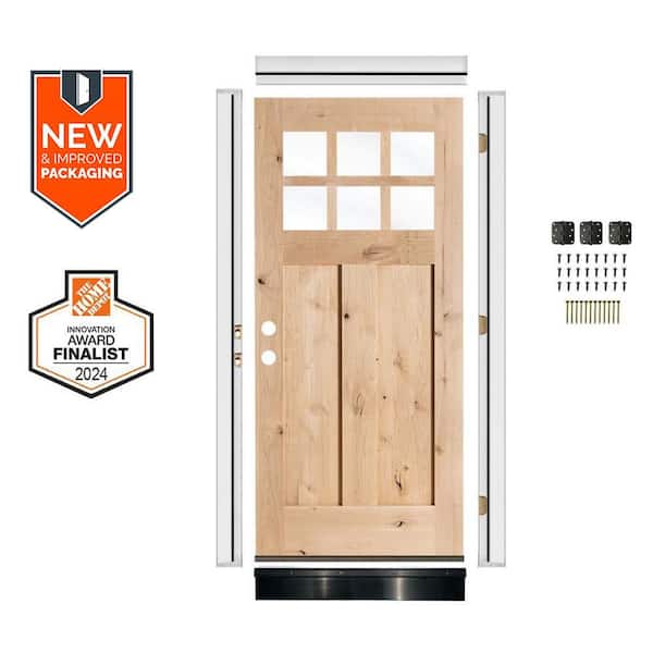 DIY 32 in. x 80 in. Knotty Alder Right-Hand 6-Lite Clear Glass Unfinished Wood Front Door Kit w/ Quick Assemble Jamb
