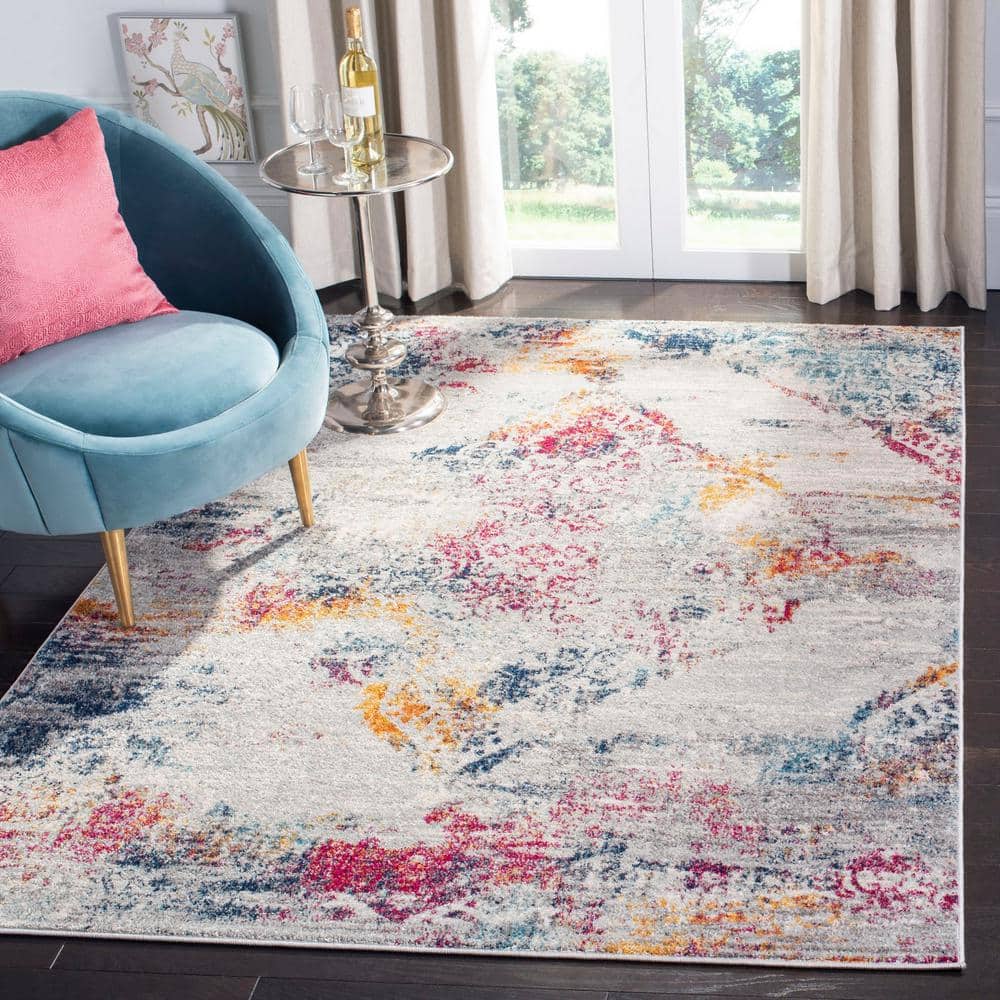Boho Chic Gray and Multicolor Floral Motif Square Rug