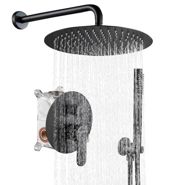 Heemli Rainfall 1-Spray Round 12 in. Shower System with Hand Shower in Black (Valve Included)
