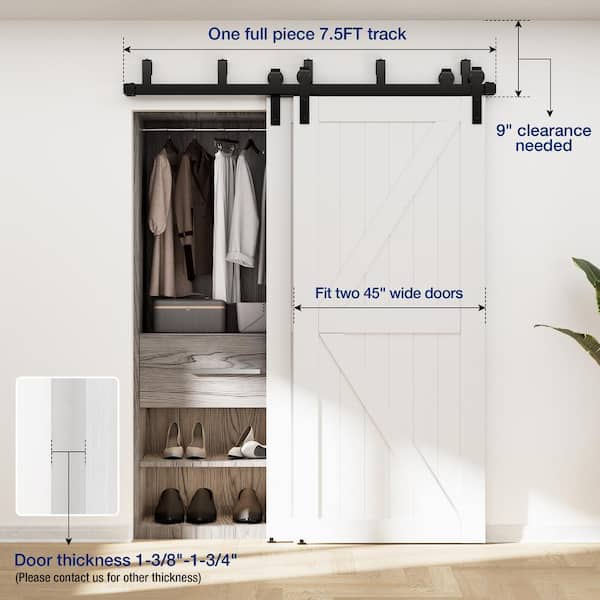 7.5 ft./90 in. Powder Coated Black Heavy-Duty Bypass Double Door Sliding Barn Door Hardware Classic Design Roller 7.5 ft./90 in. Powder Coated Black Heavy-Duty Bypass Double Door Sliding Barn Door Hardware Classic Design Roller
