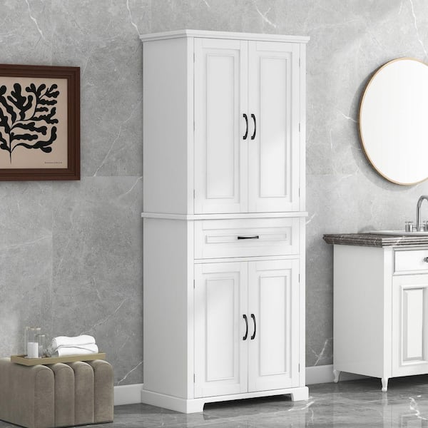 29.9 in. W x 15.7 in. D x 72.2 in. H White Freestanding Tall Linen Cabinet with Adjustable Shelves and Drawer in White