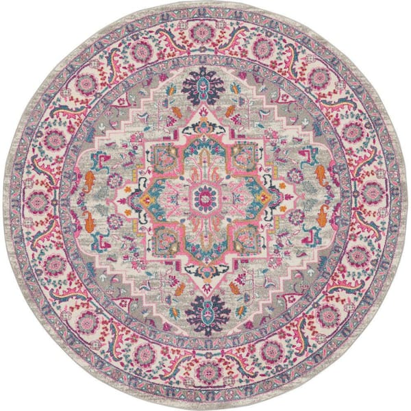 Nourison Passion Light Grey/Pink 8 ft. x 8 ft. Persian Medallion Transitional Round Area Rug