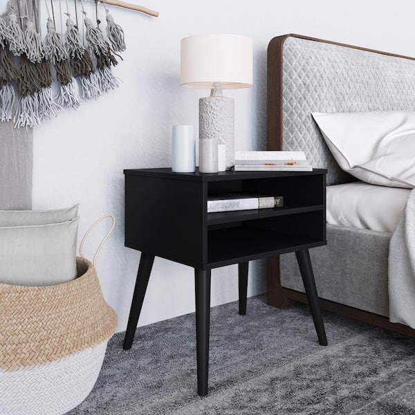 Boyd Sleep Ragusa Mid-Century Modern 2-Shelf Nightstand, Black - Bedside Table for Small Spaces