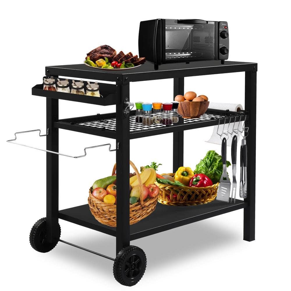 Black Iron 3-Shelf Outdoor Grill Cart with Wheels