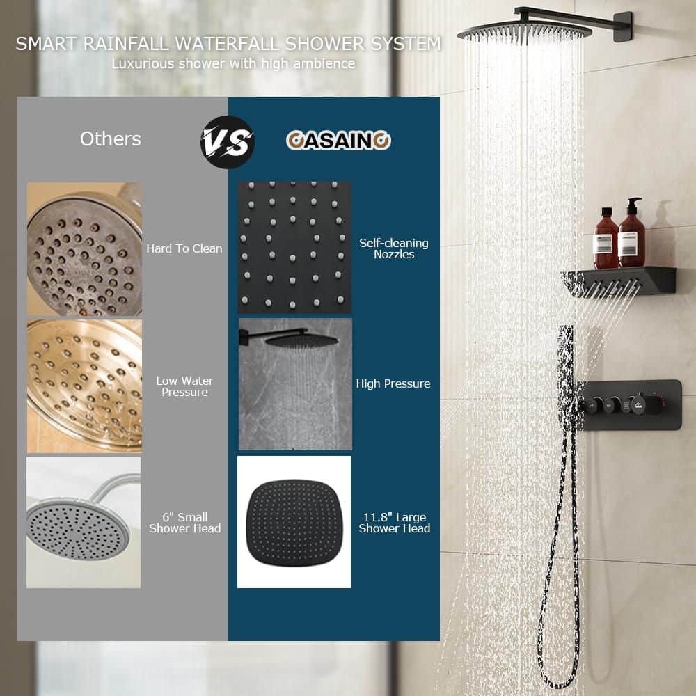 Matte Black Wall Mounted Shower System with Rainfall and Neck Massage