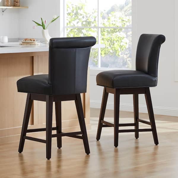 Dennis 26 in. Black High Back Solid Wood Frame Swivel Counter Height Bar Stool with Faux Leather Seat