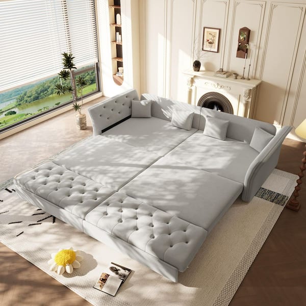 Flower-Tufted Convertible 100 in. Light Gray Velvet King Size Pull out Sofa Bed with 4 Pillows