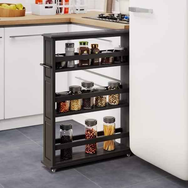 Slim Rolling Wood Utility Cart with Handle and Wheels, Storage Shelves for Bathroom, Kitchen and Laundry Room, Black
