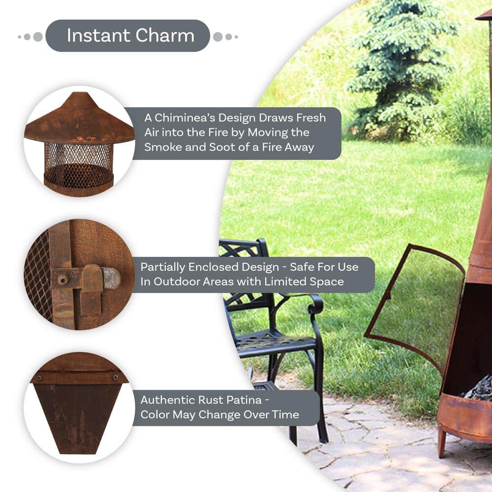 Rustic 70-Inch Brown Steel Wood-Burning Chiminea with Mesh Screen