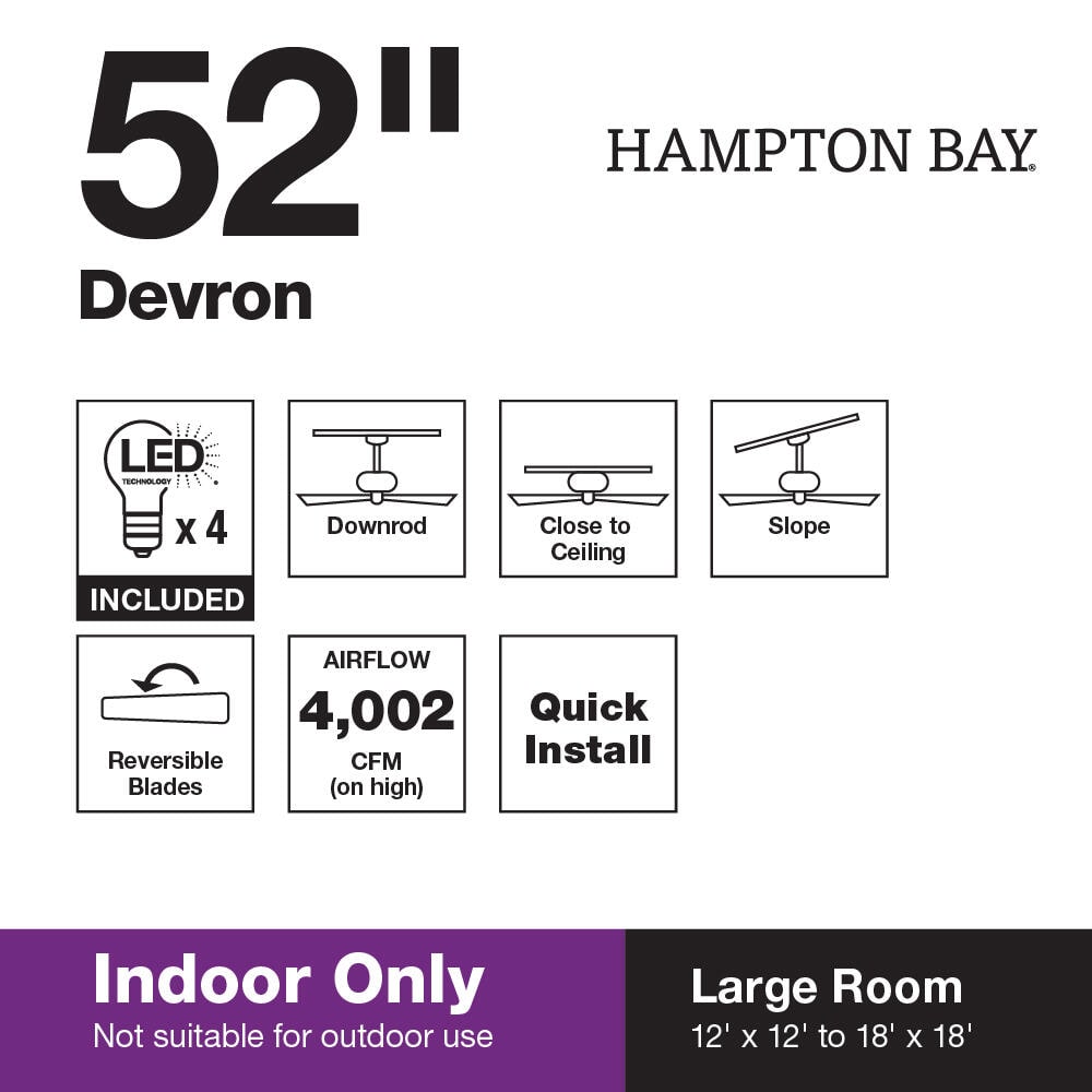 Image 81 - Hampton Bay 57231 Devron 52 in. LED Indoor Oil-Rubbed Bronze Ceiling Fan with Light Kit, 15 AMP, 4500 RPM