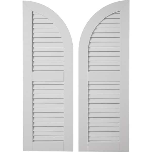 Timberthane 15 in. W x 90 in. H Louvered Quarter Round Polyurethane Shutters Pair in Primed Tan