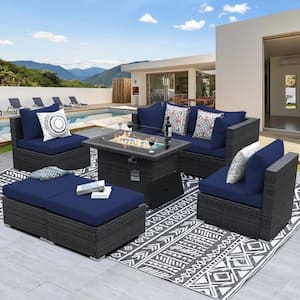 Luxury 7-Piece Charcoal Wicker Patio Fire Pit Conversation Sectional Deep Seating Sofa Set with Navy Cushions