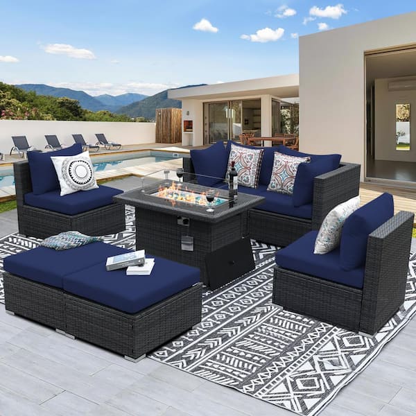 NICESOUL Luxury 7-Piece Charcoal Wicker Patio Fire Pit Conversation Sectional Deep Seating Sofa Set with Navy Cushions