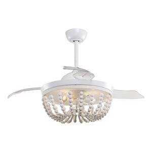 Huang 42 in. Wooden Beads Retractable 3-Blade White Ceiling Fan Chandelier with Remote Control and Light Kit