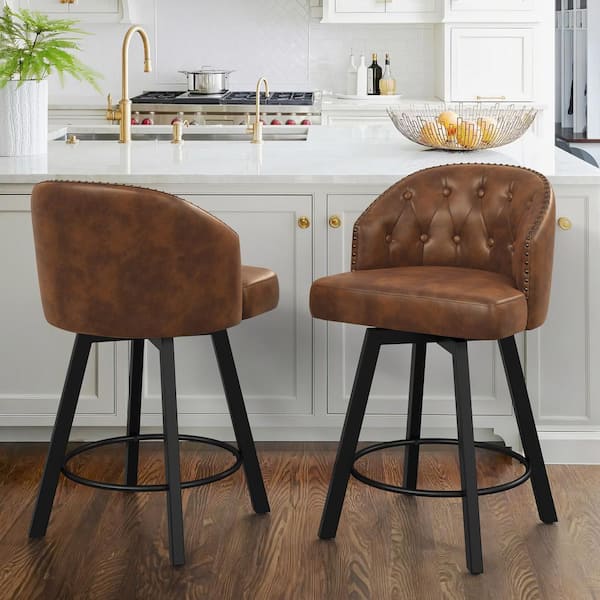LUE BONA Arturo 26 in.Brown Faux Leather Upholstered Swivel Bar Stool with Metal Frame Nailhead Counter Barstool Set of 2