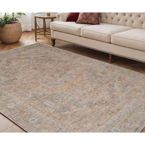 5 ft. x 7 ft. Blue And Sand Floral Medallion Area Rug With Fringe