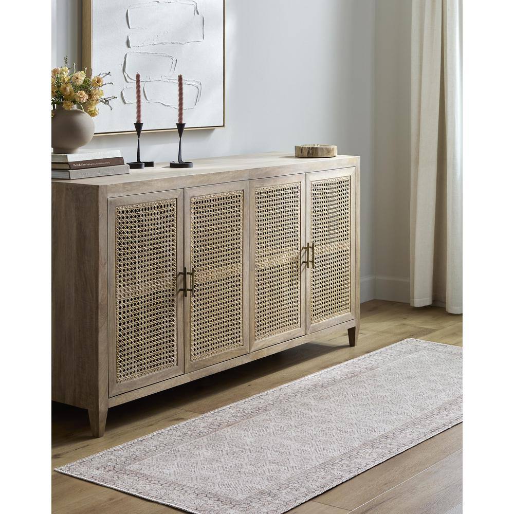 Rainier Cream and Tan Polyester Washable Runner Rug
