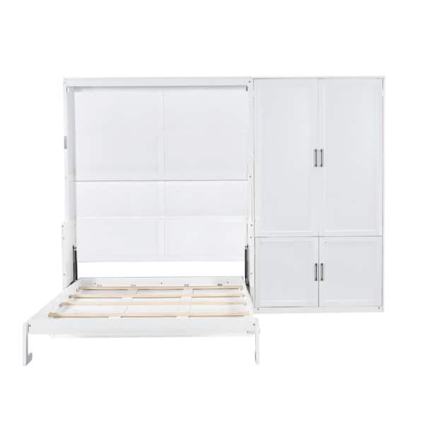 White Wood Frame Queen Size Murphy Bed Wall Bed with Closet and Shelves