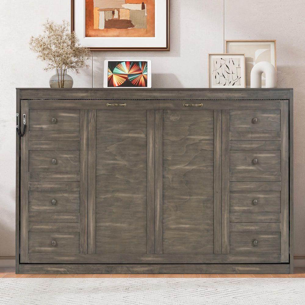 Brown Wood Frame Twin Murphy Bed with LED Light