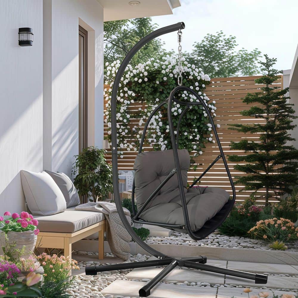 Foldable Rattan Swing Egg Chair with Stand, 350 lbs. Capacity, UV-Resistant Cushions, Built-In Cup Holder