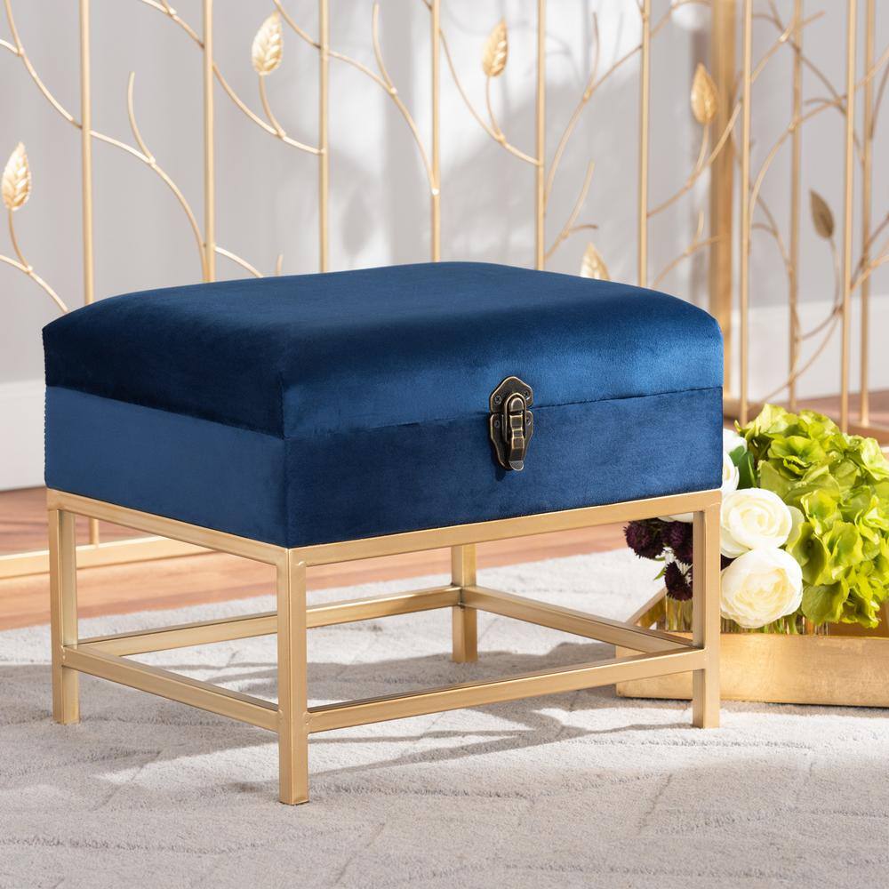 Navy Blue Velvet Tufted Storage Ottoman with Gold Metal Legs